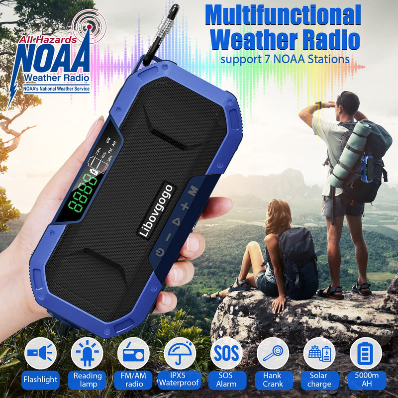  [AUSTRALIA] - Emergency Radio Waterproof Camping Radio,Portable Digital AM FM Radio with Flashlight,Reading Lamp,Hand Crank WB NOAA Weather Radio with Solar Panel,5000mAH Cell Phone Charger,Outdoor Survival Gadget