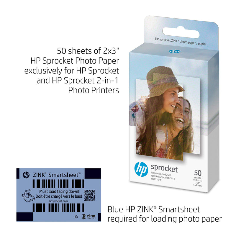  [AUSTRALIA] - HP Sprocket 2x3" Premium Zink Sticky Back Photo Paper (50 Sheets) Compatible with HP Sprocket Photo Printers. 50 Sheets Zink Paper