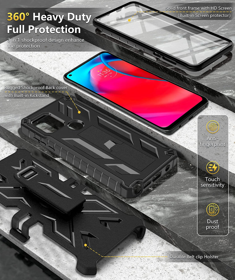  [AUSTRALIA] - for Motorola Moto G Stylus 5G Case: Built-in Screen Protector Kickstand Full-Body Military Grade Three-Layer Protective Shockproof Rugged Phone Cover with Belt Clip Holster Black