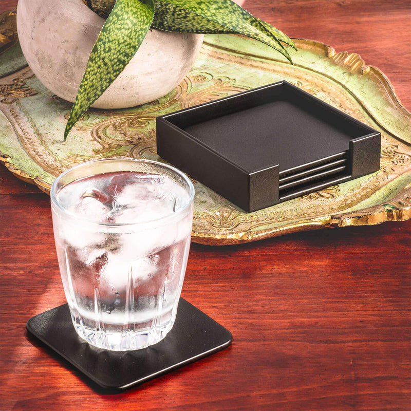  [AUSTRALIA] - Dacasso Black Leatherette 4 Square Holder Coaster Set