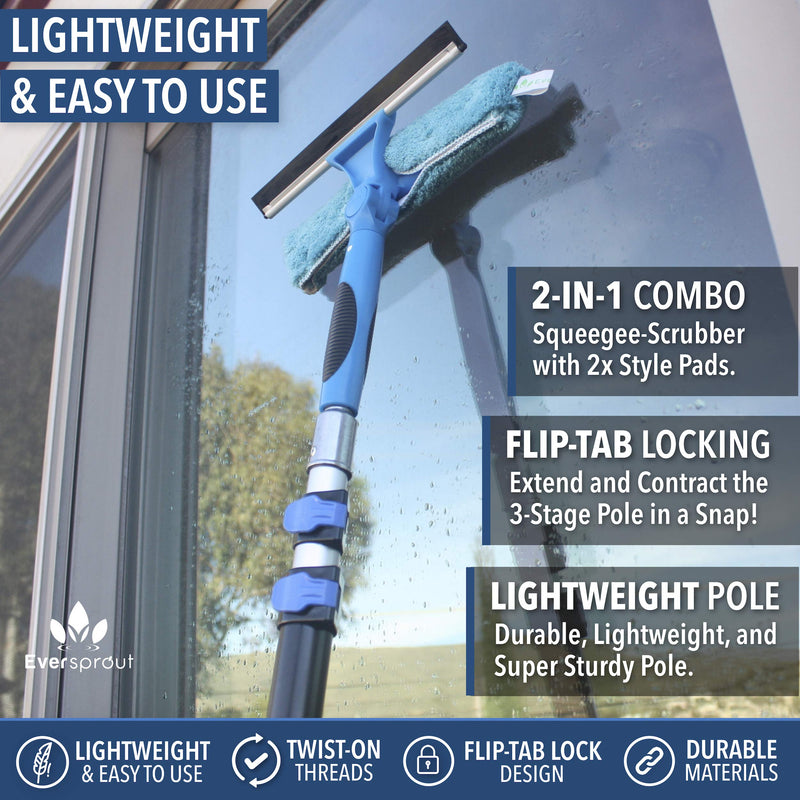 EVERSPROUT 1.5-to-4 Foot Swivel Squeegee and Microfiber Window Scrubber (8-10 Ft Standing Reach) | 2-in-1 Window & Glass Cleaning Combo | Lightweight, Aluminum Extension Pole | Includes 10-inch Blades - LeoForward Australia