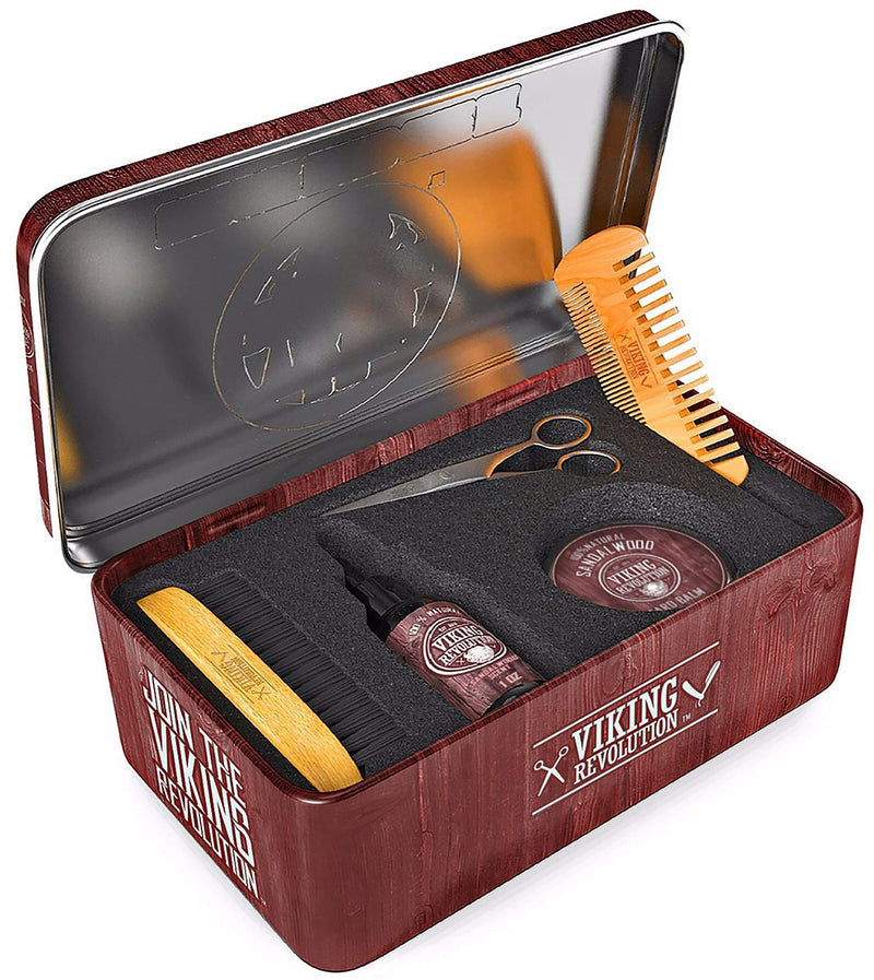 Beard Care Kit for Men- Sandalwood- Ultimate Beard Grooming Kit includes 100% Boar Beard Brush, Wood Beard Comb, Sandalwood Beard Balm, Sandalwood Beard Oil, Beard & Mustache Scissors in a Metal Box 5 Piece Set - LeoForward Australia