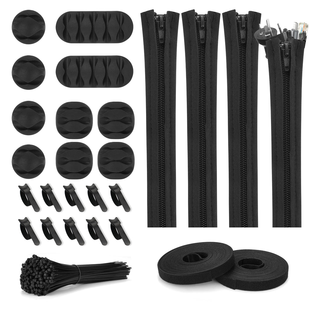  [AUSTRALIA] - 126pcs Cord Management Organizer Kit 4 Cable Sleeve with Zipper,10 Self Adhesive Cable Clip Holder,10pcs and 2 Roll Self Adhesive tie and 100 Fastening Cable Ties for TV Office Home etc (Black)