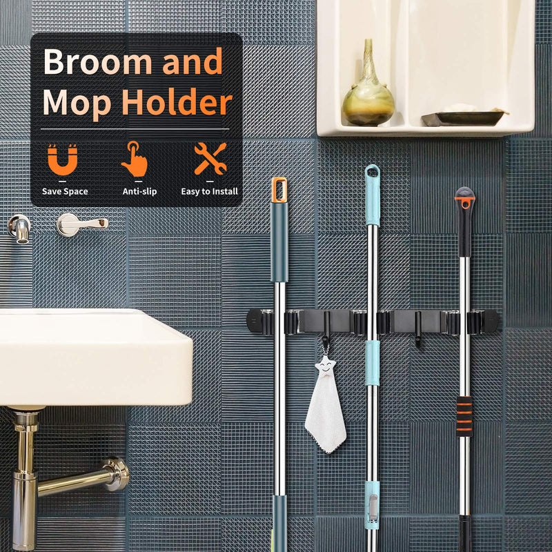 [AUSTRALIA] - Huryfox Broom and Mop Holder Wall Mounted Adjustable Garage Organizer with Utility Hooks Garden Tool Hanger Heavy-Duty Stainless-Steel Racks Cleaning Supplies for Kitchen/Laundry/Pantry/Bathroom Black
