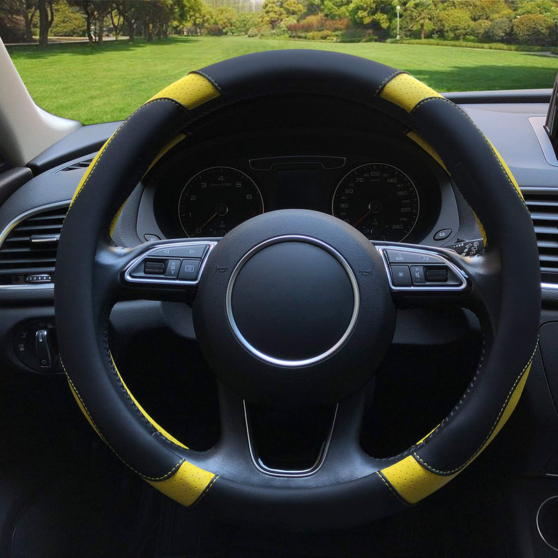  [AUSTRALIA] - BINSHEO Leather Steering Wheel Cover, Breathable, Anti Slip & Odor Free, Black and Yellow Balck Yellow