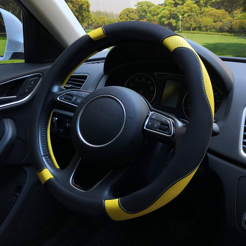  [AUSTRALIA] - BINSHEO Leather Steering Wheel Cover, Breathable, Anti Slip & Odor Free, Black and Yellow Balck Yellow