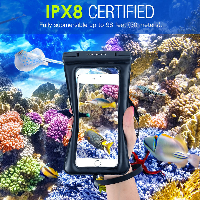  [AUSTRALIA] - MoKo Floating Waterproof Phone Pouch Holder, Floatable Phone Case Dry Bag with Lanyard Armband Compatible withiPhone 13/13 Pro Max/iPhone 12/12 Pro Max/11 Pro, Xr/Xs Max,8/7, Samsung S21/S10/S9/S8 1 - Black