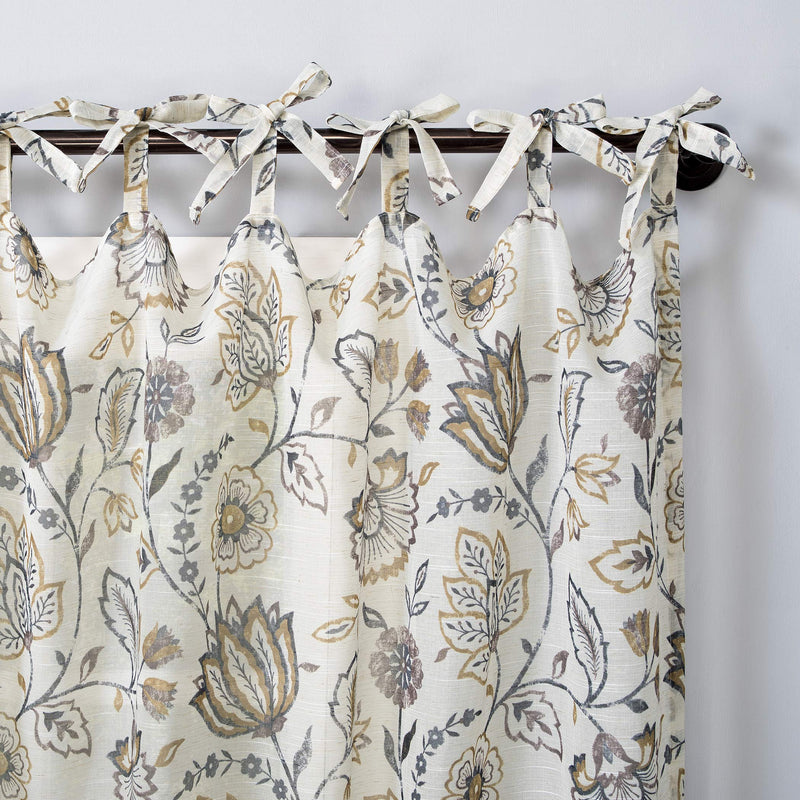  [AUSTRALIA] - No. 918 Cielle 2-Pack Folk Floral Linen Blend DIY Crafted Sheer Tie Top Curtain Panel Pair, 50" x 63", Cream Off-White 50" x 63" Pair