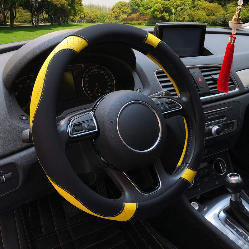  [AUSTRALIA] - BINSHEO Leather Steering Wheel Cover, Breathable, Anti Slip & Odor Free, Black and Yellow Balck Yellow