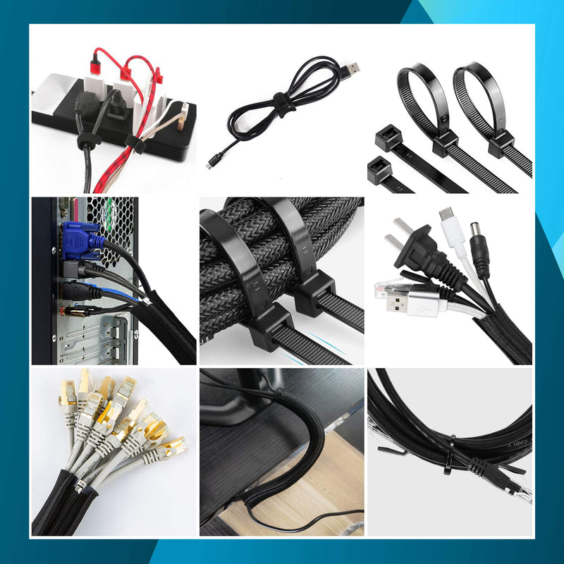  [AUSTRALIA] - 117 PCS Cable/Cord Management Kit, 5 x Cable Sleeve with Zipper, 1 x 1.5m Roll Cable Sleeve Cover, 10pcs and 1 x Roll Self Adhesive tie, 100 x Fastening Cable Ties for Home and Office