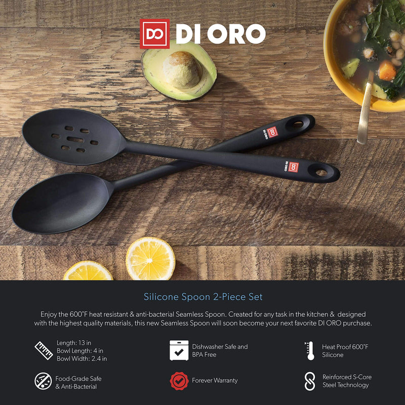 [AUSTRALIA] - DI ORO Seamless Series 2-Piece Silicone Spoon Set - 600F Heat-Resistant Rubber Non-Stick Slotted and Solid Spoons for Mixing and Serving - LFGB Certified and BPA Free Pro-Grade Silicone – Black 2-Pc Set (Black)