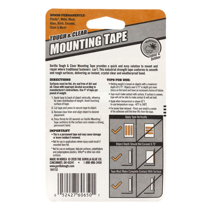  [AUSTRALIA] - Gorilla Tough & Clear, Double Sided Mounting Tape, Weatherproof, 1" x 60", Clear, (Pack of 2) 2 Pack