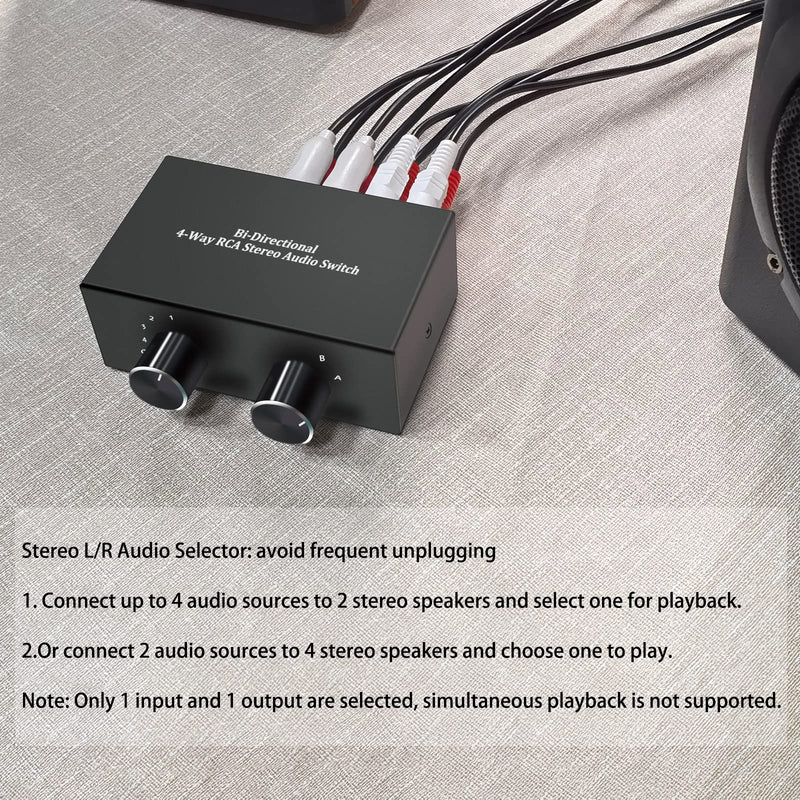  [AUSTRALIA] - LVY Stereo Audio Selector, 4 Way Bi-Directional RCA Stereo Audio Switcher Splitter Box Suitable for Connecting Blu-ray Players or DVD Players to Multiple Stereo Speakers RCA Jack 2IN-4OUT