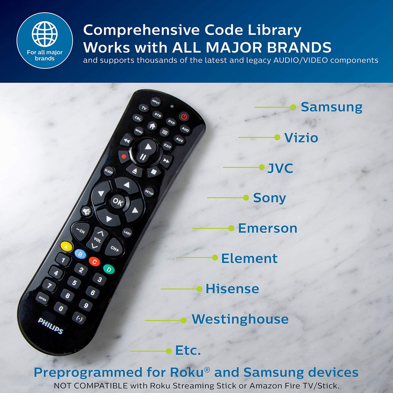  [AUSTRALIA] - Philips Universal Remote Control Replacement for Samsung, Vizio, LG, Sony, Sharp, Roku, Apple TV, RCA, Panasonic, Smart TVs, Streaming Players, Blu-ray, DVD, Simple Setup, 6 Device, Black, SRP9263C/27