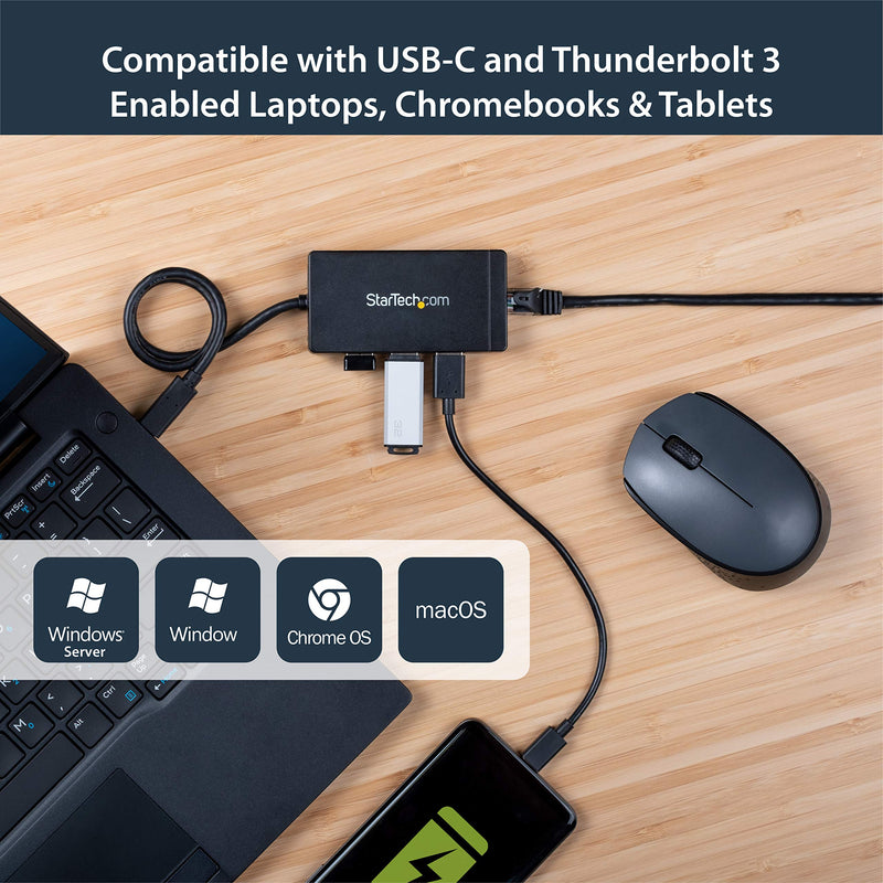  [AUSTRALIA] - StarTech.com 3 Port USB C Hub with Ethernet - USB-C to 3X USB-A w/Power Adapter & Gigabit Ethernet - Thunderbolt 3 Compatible - USB C Network Adapter (HB30C3A1GE) Standard (Black) Ethernet w/ 3x USB-A