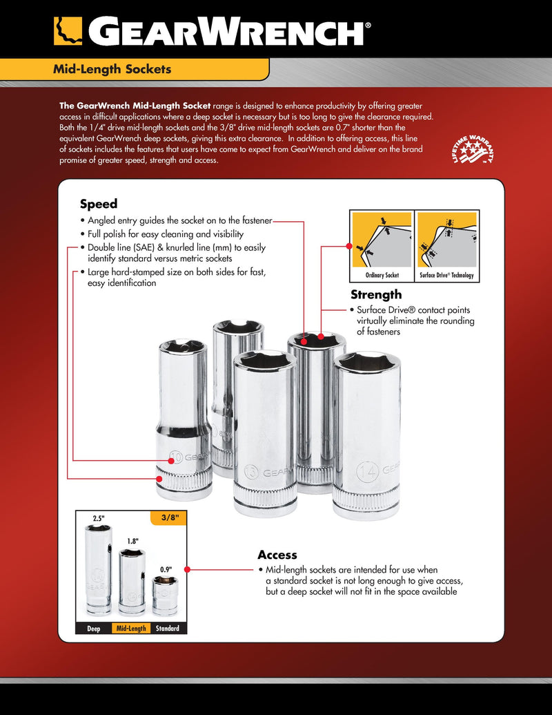  [AUSTRALIA] - GEARWRENCH 10 Pc. 1/4" Drive 6 Point Mid Length SAE Socket Set - 80305S