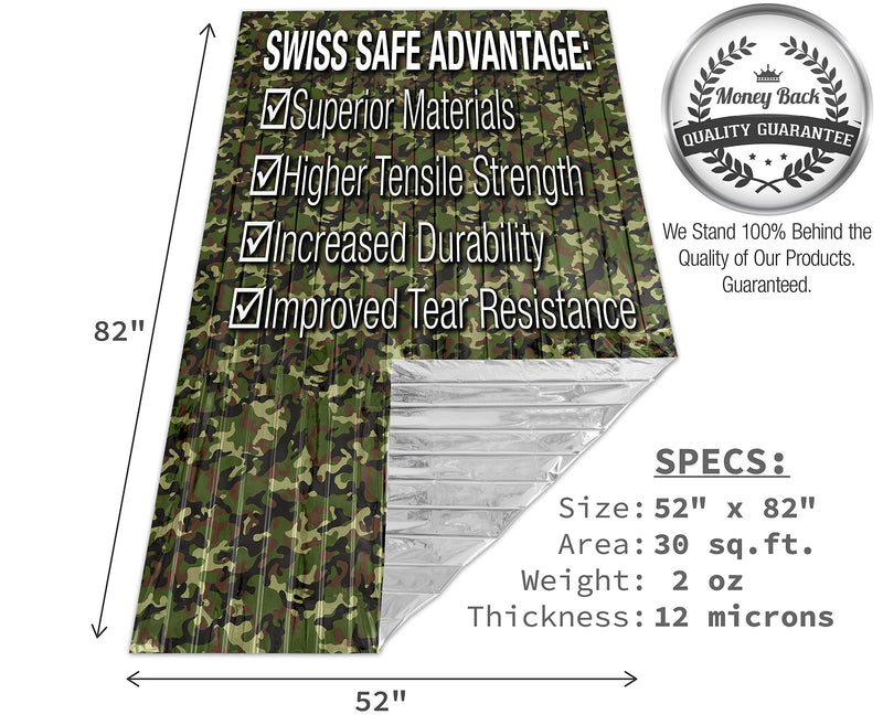  [AUSTRALIA] - Swiss Safe Emergency Mylar Thermal Blankets + Bonus Gold Foil Space Blanket. Designed for NASA, Outdoors, Survival, First Aid, Woodland Camo, 4 Pack