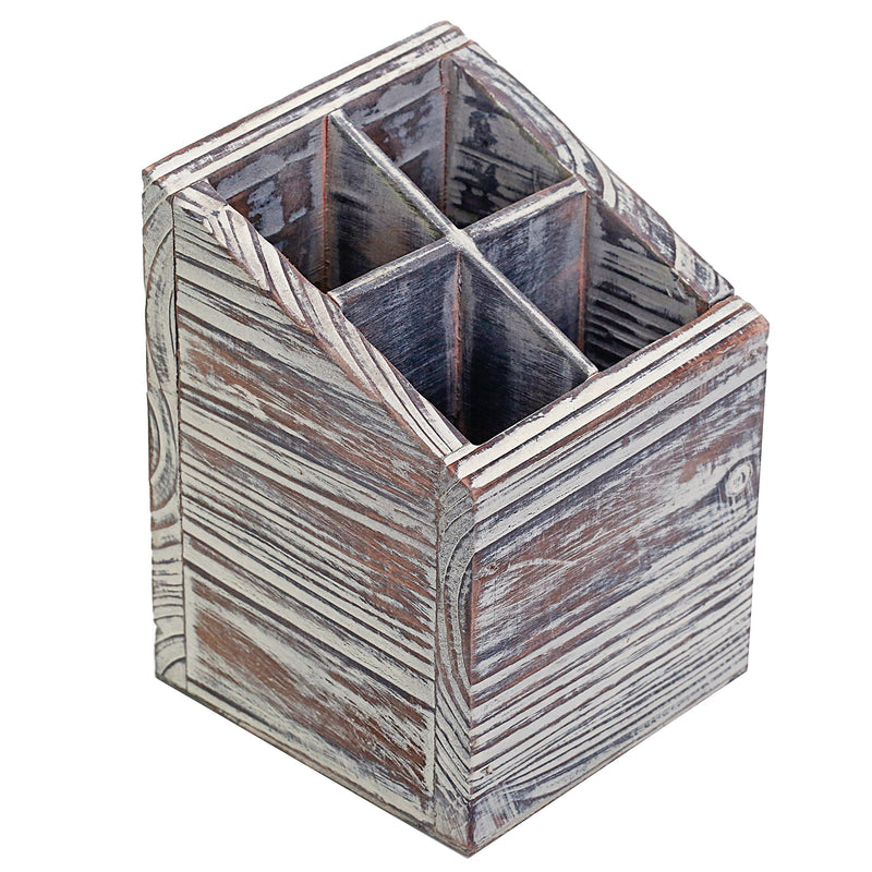 MyGift Rustic Torched Wood 4 Slot Pen Pencil Holder, Square Desktop Office Supply Storage Box - LeoForward Australia