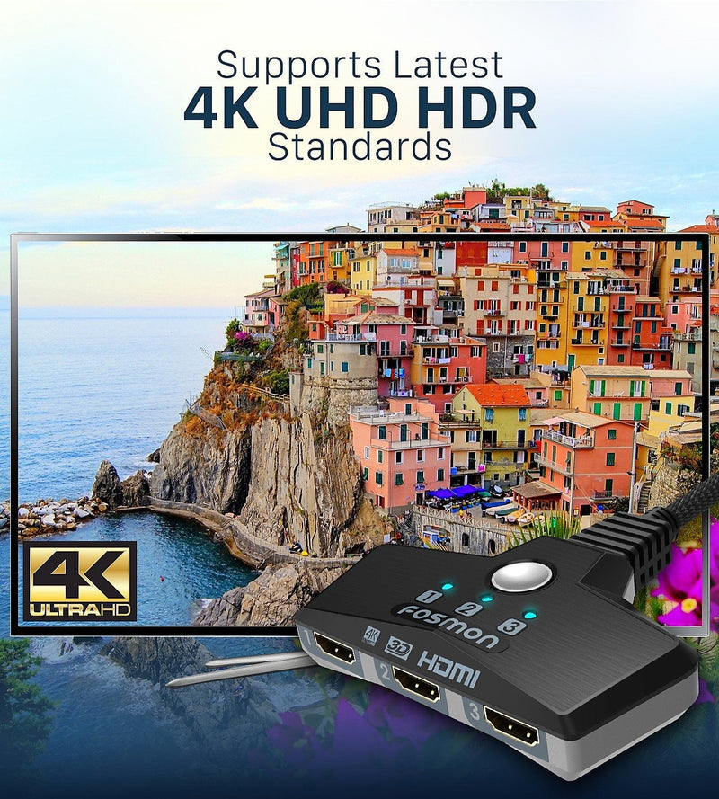  [AUSTRALIA] - Fosmon 3-Port HDMI Switch 4K 30Hz, 3x1 Auto Switcher Automatic Switching UHD 3D HDR Full HD 1080P 60Hz HDCP, HDMI Splitter Hub Compatible with Apple TV Roku Fire TV Stick HDTV PS4 Xbox One Chromecast