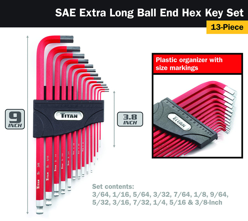  [AUSTRALIA] - Titan 12713 13-Piece SAE Extra Long Ball End Hex Key Set SAE Ball End
