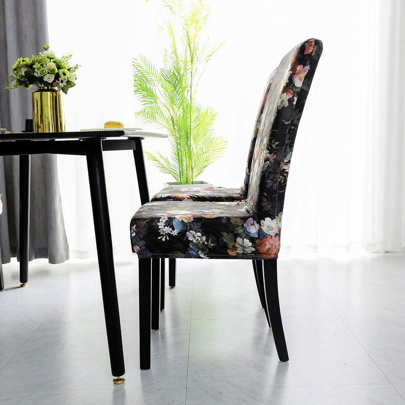  [AUSTRALIA] - Argstar 2 Pack Dining Chair Covers, Floral Armless Chair Slipcover for Dining Room, Printed Kitchen Parson Chair Protector, Black Parson Chair Covers, Removable & Washable, Black Flowers Black White