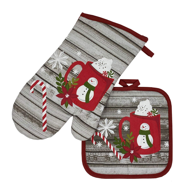  [AUSTRALIA] - Elrene Home Fashions Jolly Cocoa and Candy Cane Holiday Oven Mitt and Pot Holder Gift Set of 2, 100% Cotton, 7"x13" 8"x8", Multi 7"x13" (Oven Mitt); 8"x8" (Pot Holder)