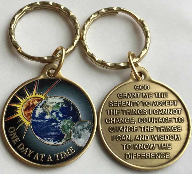  [AUSTRALIA] - One Day At A Time Universe Keychain Sun Moon Earth Medallion Color Serenity Prayer Chip