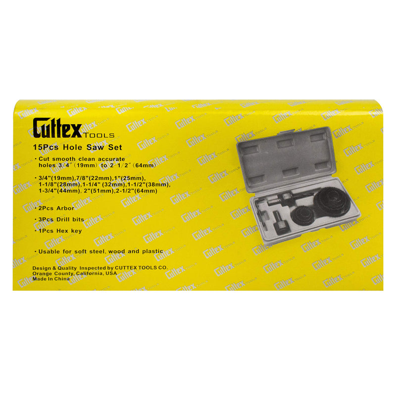 CUTTEX TOOLS Hole Saw Kit, 15 Pcs Hole Saw Full Set, 3/4" to 2-1/2" ( 9 Hole Saws + All Accessories + An Extra Drill Bit), Premium Carbon Steel A3 Material, Multi-Purpose Soft Wood, Plywood, Drywall, PVC, Soft Metal, Plastic - LeoForward Australia