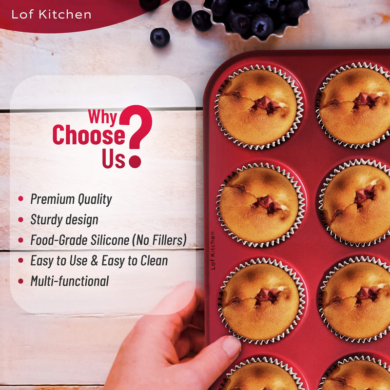 [AUSTRALIA] - Lof Kitchen 12 Cups Silicone Muffin Pan - 100% Food Grade Silicone Muffin Pan 12 - Cupcake Pan - Non-Stick - BPA-Free