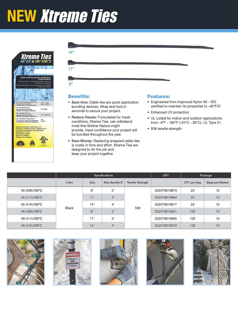  [AUSTRALIA] - Gardner Bender 46-311UVBFZ Xtreme Temperature Cable Tie, 11 inch, 50 lb, Cold and Hot Weather, Electrical Wire and Cord Management, Nylon Zip Tie, 100 Pk, UV Resistant Black 100 Pack 11 inch.
