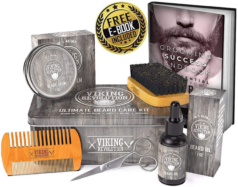 Viking Revolution Beard Care Kit for Men - Ultimate Beard Grooming Kit includes 100% Boar Men’s Beard Brush, Wooden Beard Comb, Beard Balm, Beard Oil, Beard & Mustache Scissors in a Metal Box 6 Piece Set - LeoForward Australia