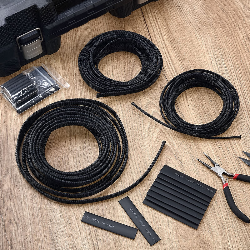  [AUSTRALIA] - 50ft Black PET Expandable Braided Cable Sleeve, Wire Sleeving with 127 Pieces Heat Shrink Tube for Audio Video and Other Home Device Cable Automotive Wire (1/4 Inch, 1/2 Inch, 3/4 Inch) 1/4 Inch, 1/2 Inch, 3/4 Inch