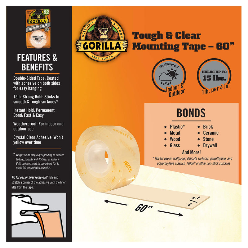 [AUSTRALIA] - Gorilla Tough & Clear, Double Sided Mounting Tape, Weatherproof, 1" x 60", Clear, (Pack of 2) 2 Pack