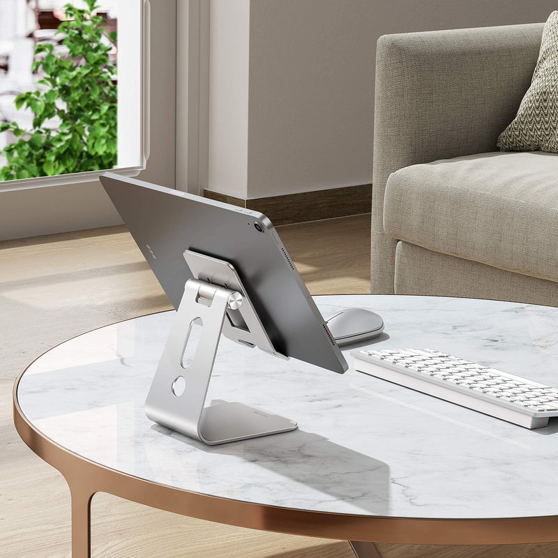  [AUSTRALIA] - Adjustable Tablet Stand for Desk, Upgraded Longer Arms for Greater Stability, OMOTON T2 iPad Stand Holder with Hollow Design for Bigger Sized Phones and Tablets Such as iPad Pro/Air/Mini, Silver