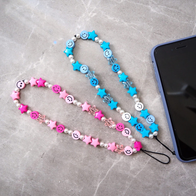 [AUSTRALIA] - Beaded Phone Charms, 2PCS Y2K Phone Charm Strap, Anti-Lost Phone Charm String, Cute Smile Face Cell Phone Case Charms, Handmade Beaded Phone Chain Wrist Strap for Women Girls Kids(Blue Red)