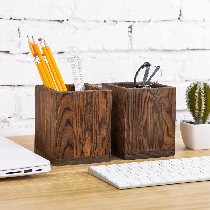 Set of 2 Natural Grain Wood Desktop Pen & Pencil Holder Cups, Office Supplies Organizer, Brown Brown (Set of 2) - LeoForward Australia