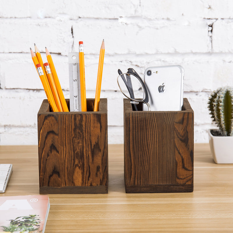 Set of 2 Natural Grain Wood Desktop Pen & Pencil Holder Cups, Office Supplies Organizer, Brown Brown (Set of 2) - LeoForward Australia