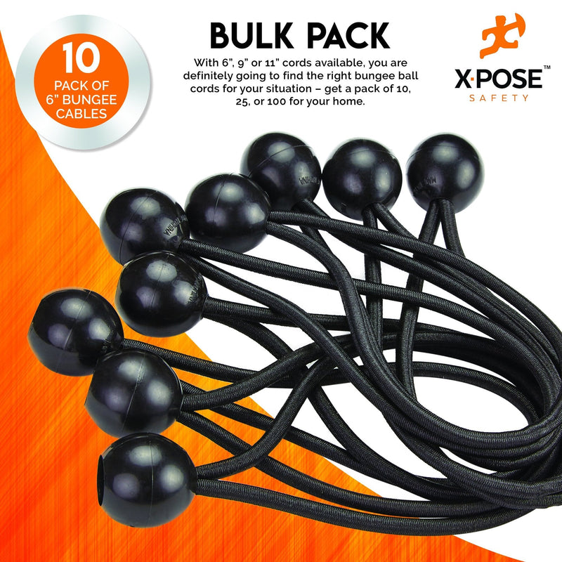  [AUSTRALIA] - Xpose Safety Bungee Ball Cords 6" 10 Pack Heavy Duty Black Stretch Rope with Ball Ties for Canopies, Tarps, Walls, Cable Organization 6" - 10 Pack