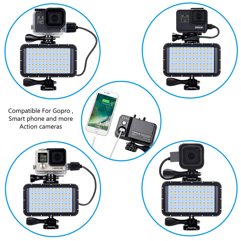  [AUSTRALIA] - Suptig 60 LED Video Light with 5200mAh Portable Charging Battery, Portable Lighting Waterproof 164ft, Dimmable Light Compatible for Gopro Hero 10 Hero 9 Hero 8 Hero 7 Black Hero 5 Hero 6 Hero 4