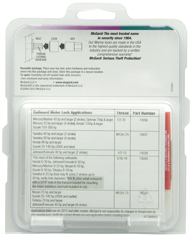 McGard 74036 Marine Single Outboard Motor Lock Set (1/2"- 20 Thread Size) - Mercury - Set of 1 - LeoForward Australia