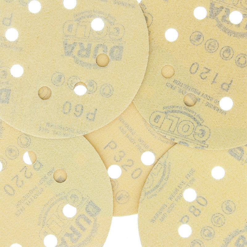  [AUSTRALIA] - Dura-Gold Premium - Variety Pack - 5" Gold Sanding Discs - 8-Hole Dustless Hook and Loop - 10 Each of Grit (60, 80, 120, 220, 320) - Box of 50 Sandpaper Finishing Discs for Woodworking or Automotive Variety Pack - 50 Discs