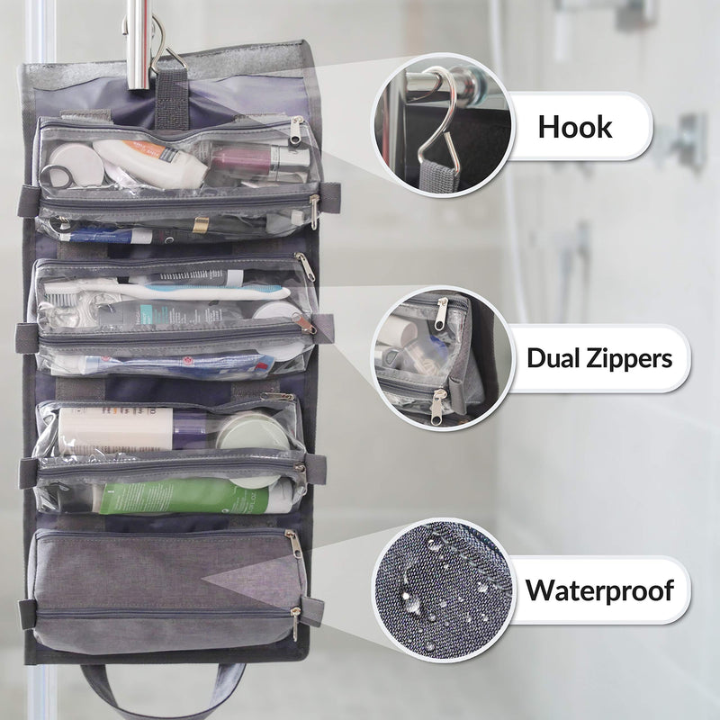 4-in-1 Hanging Toiletry Bag Travel Toiletries Bag for Women & Men - Roll Up Compact Cosmetic Kit with Hook | Waterproof, TSA Approved Removable Carry On Pouches (Heather Gray) - LeoForward Australia