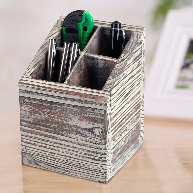 MyGift Rustic Torched Wood 4 Slot Pen Pencil Holder, Square Desktop Office Supply Storage Box - LeoForward Australia