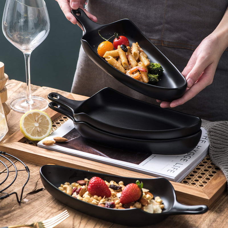  [AUSTRALIA] - Bruntmor Set Of 4 Ceramic Matte Glaze Baking Dish 11" dinner plates, Oven Safe Roasting Lasagna Pan with Handle Triangle Dish, Black