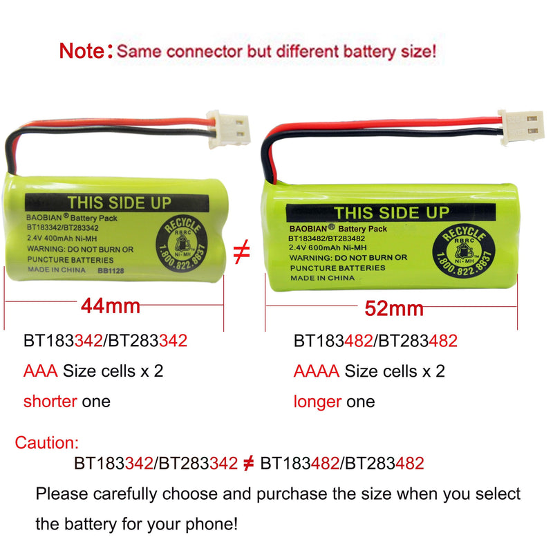  [AUSTRALIA] - BAOBIAN 2.4V 400mAh Cordless Home Phone Battery Compatible with AT&T BT162342 BT-162342 BT166342 BT-166342 BT266342 BT-266342 BT183342 BT-183342 BT283342 BT-283342 VTech CS6329 CS6114 CS6419(4 Pack)