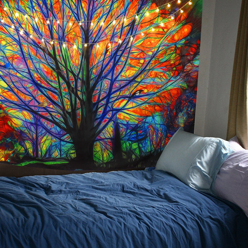  [AUSTRALIA] - BLEUM CADE Colorful Tree Tapestry Wall Hanging Psychedelic Forest with Birds Wall Tapestry Bohemian Mandala Hippie Tapestry for Bedroom Living Room Dorm 51.2"X59.1"