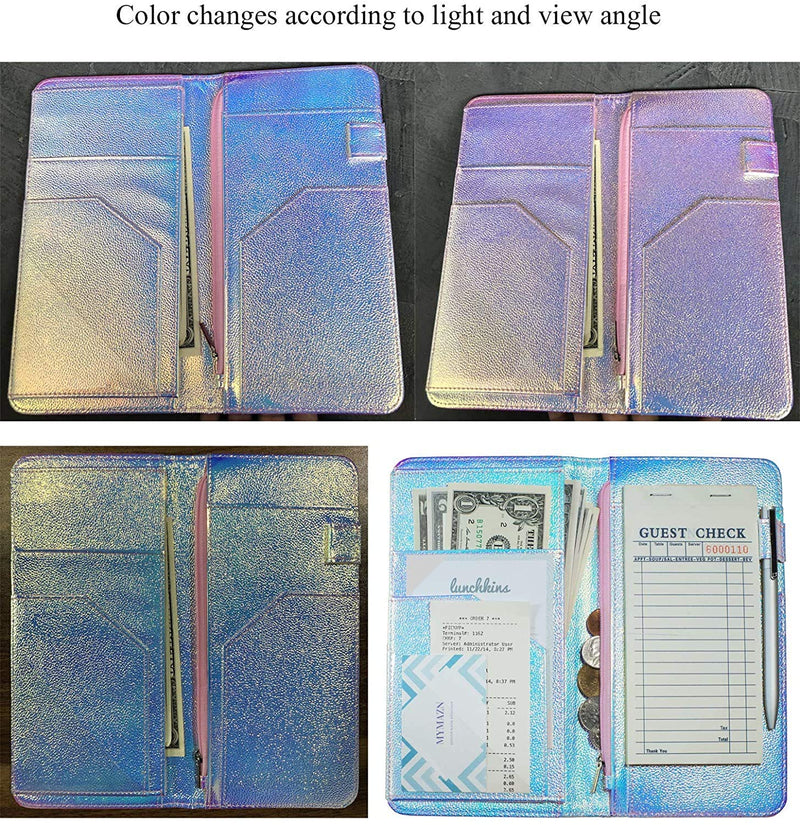  [AUSTRALIA] - Zreal Server Book for Waitress with Zipper Pocket, 5 X 9 Serving Book, Magnetic Closure Pocket with Big Volume, Pen Holder for Waiter Server Wallet Fit Waitress Apron (Iridescent B) iridescent B