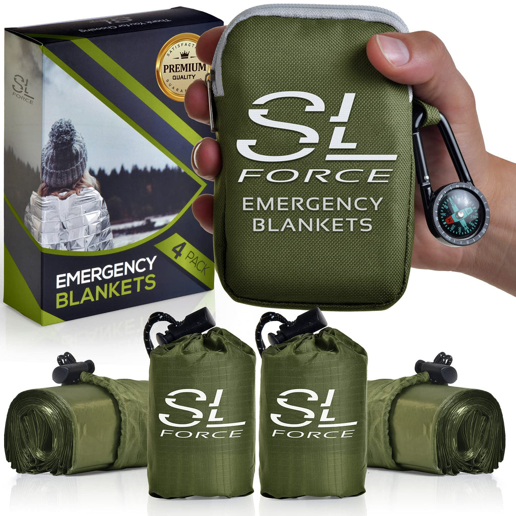  [AUSTRALIA] - SLFORCE Emergency Blankets for Survival, 4 Pack of Gigantic Space Blanket. Comes with Four Extra-Large Mylar Blankets, Compass, and Zipper Bag. The Best Thermal Space Blankets Survival Heavy Duty Green