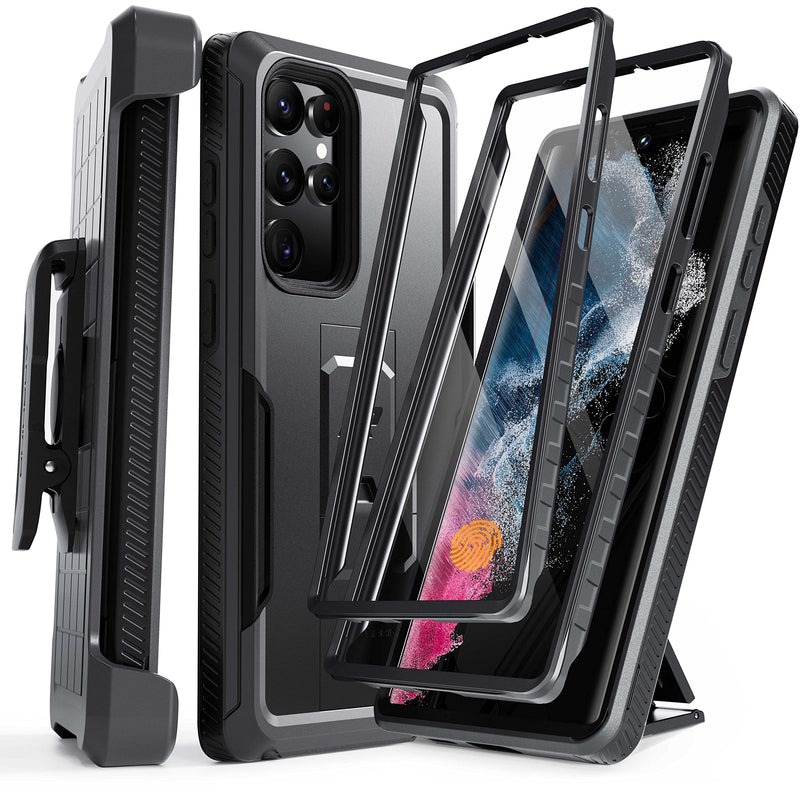  [AUSTRALIA] - AMRHINO for Samsung Galaxy S22 Ultra Case with Built-in Screen Protector & Kickstand & Rugged Belt-Clip, [Extra Front Frame] Full-Body Heavy Duty Phone Case for Samsung S22 Ultra 5G 6.8 inch, Black