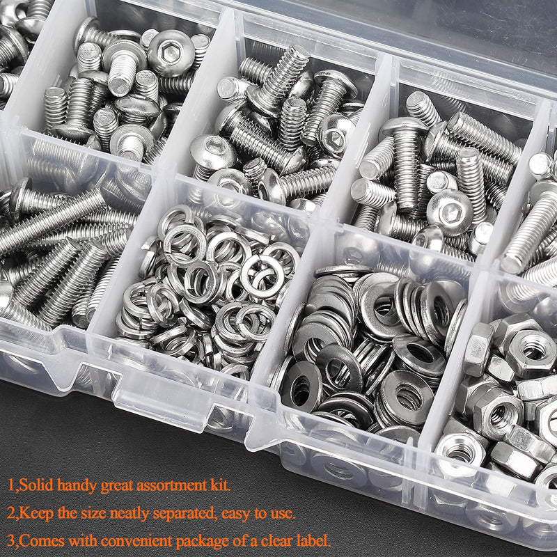  [AUSTRALIA] - HELIFOUNER 360 Pieces M4 x 6mm /8mm /10mm /12mm /16mm /20mm, Hex Button Head Cap Metric Screws Bolts Washers Nuts Kit, 304 Stainless Steel